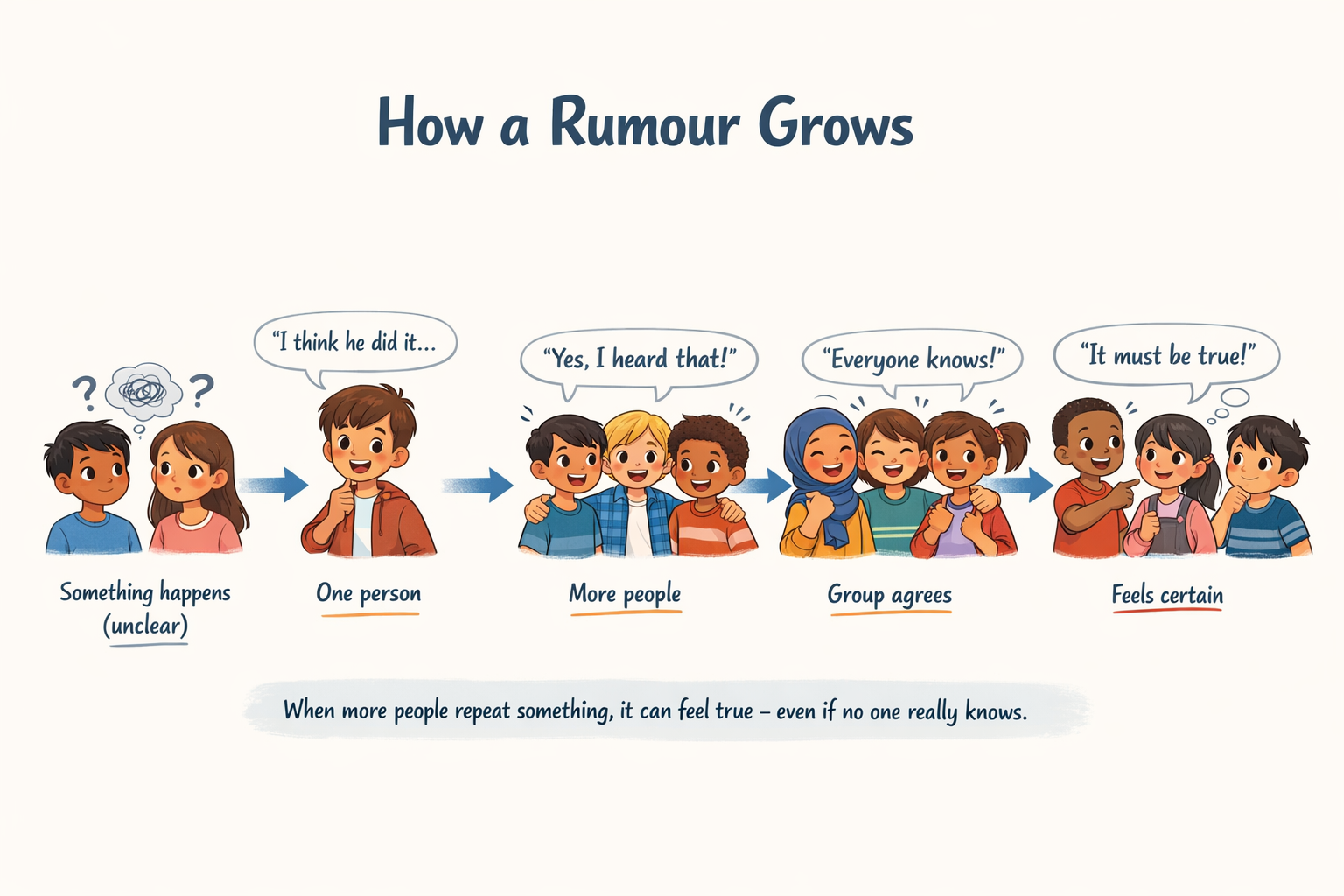 Illustration showing how a rumour grows from something unclear to something that feels certain as more children repeat it.
