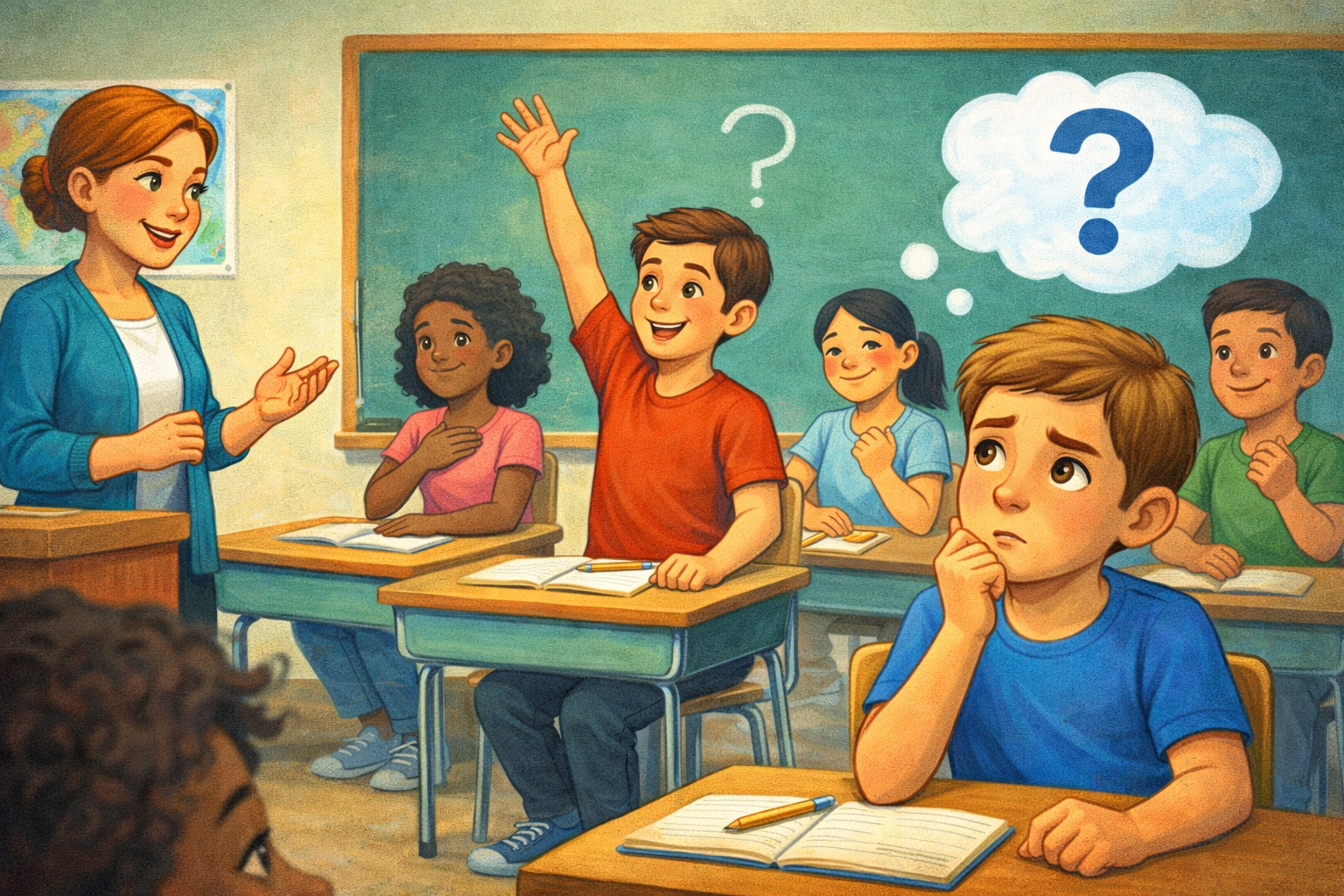 Illustration showing a classroom where one student answers quickly and confidently while another student is not sure and is thinking carefully.