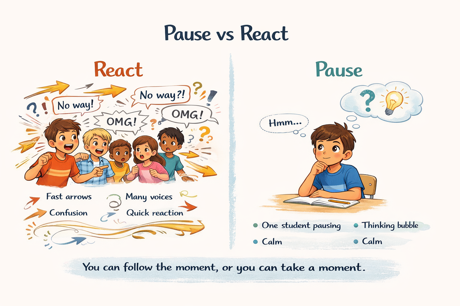 Split illustration showing the difference between reacting quickly in confusion and pausing to think calmly.