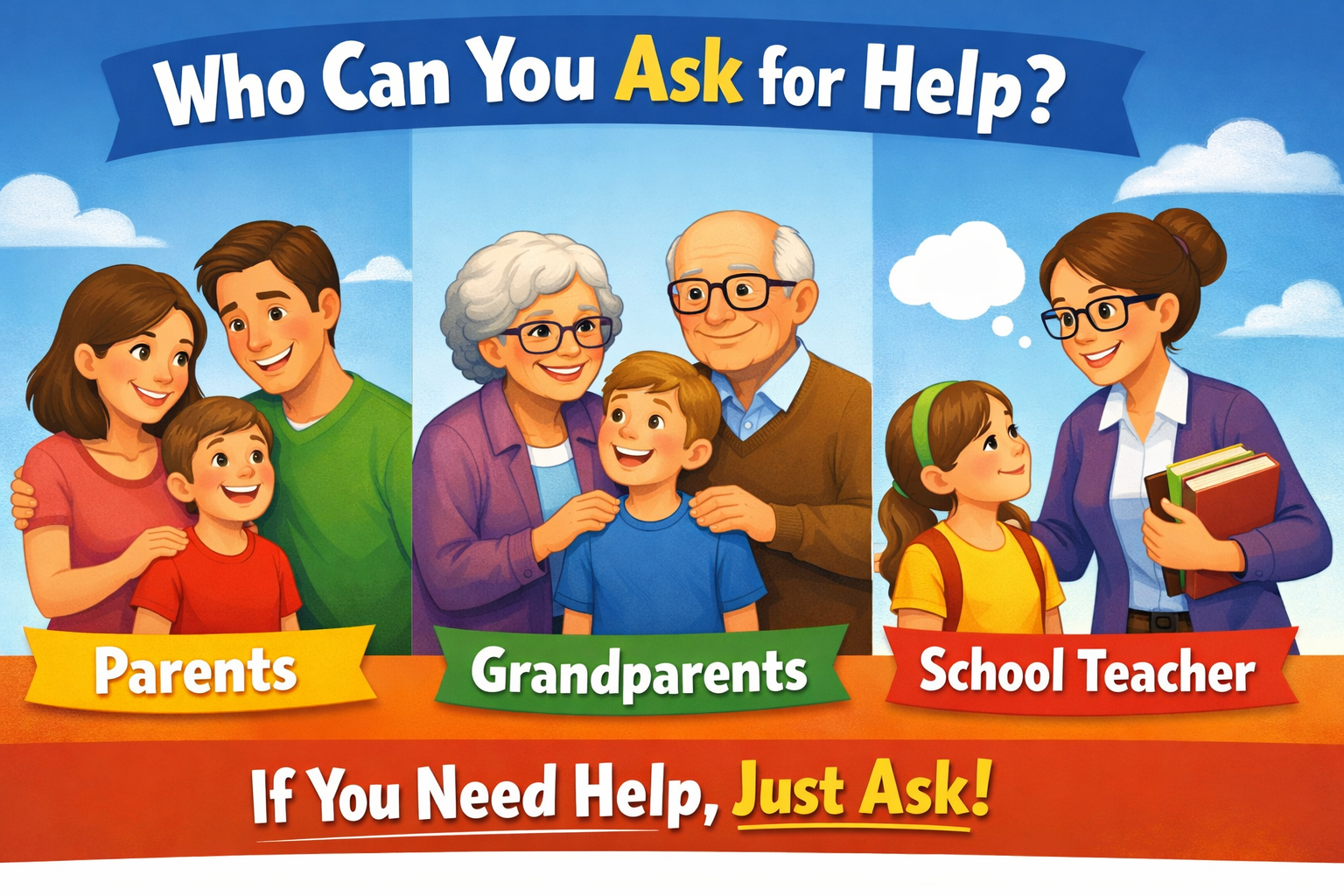 Illustration showing children asking trusted adults such as parents, grandparents, and a school teacher for help.