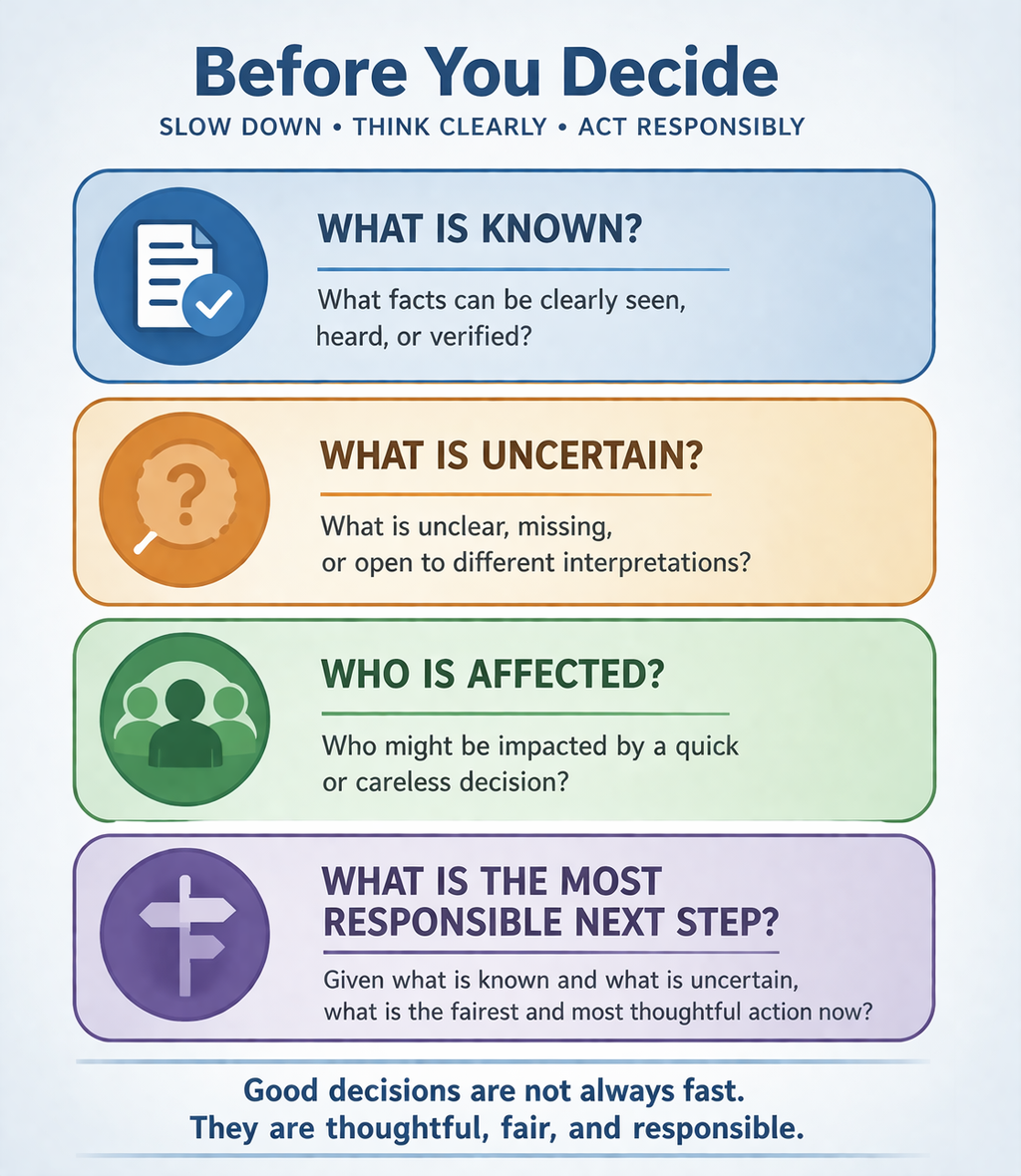 Before You Decide graphic showing four decision questions