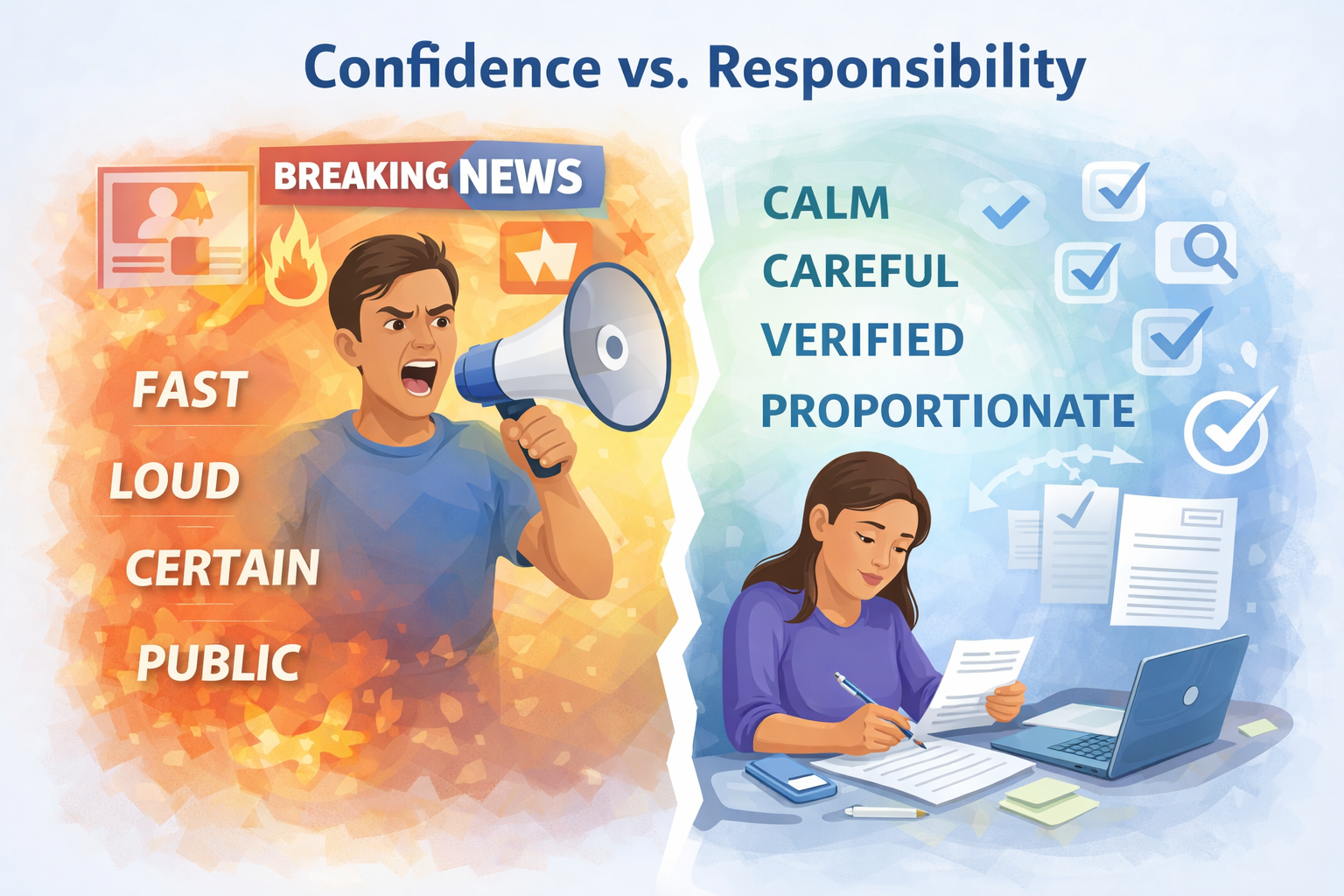Confidence versus Responsibility graphic comparing fast certainty with calm verification