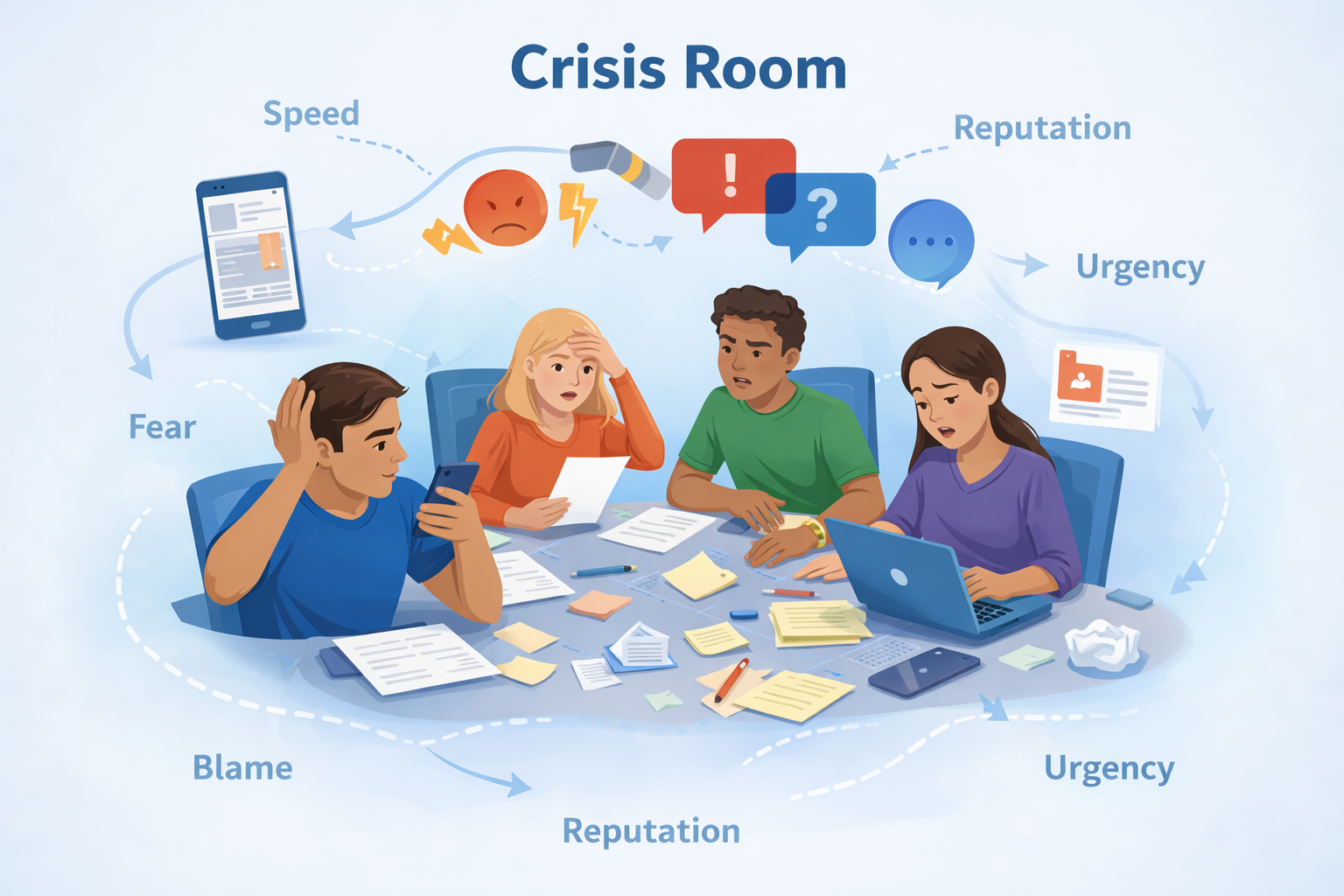 Crisis Room graphic showing students handling conflicting information under pressure