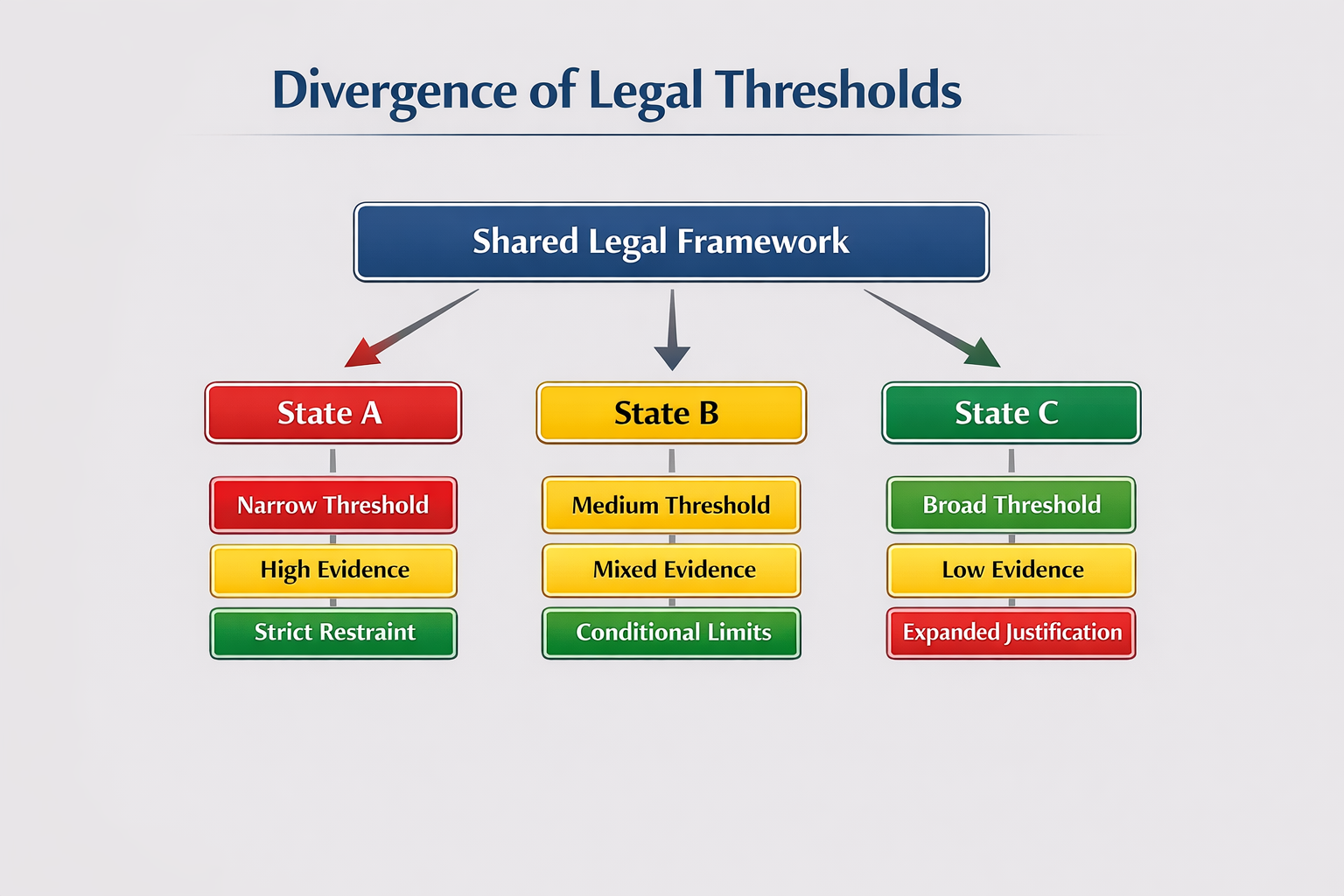 Diagram showing a shared legal framework diverging into multiple threshold pathways with different evidentiary and restraint standards.