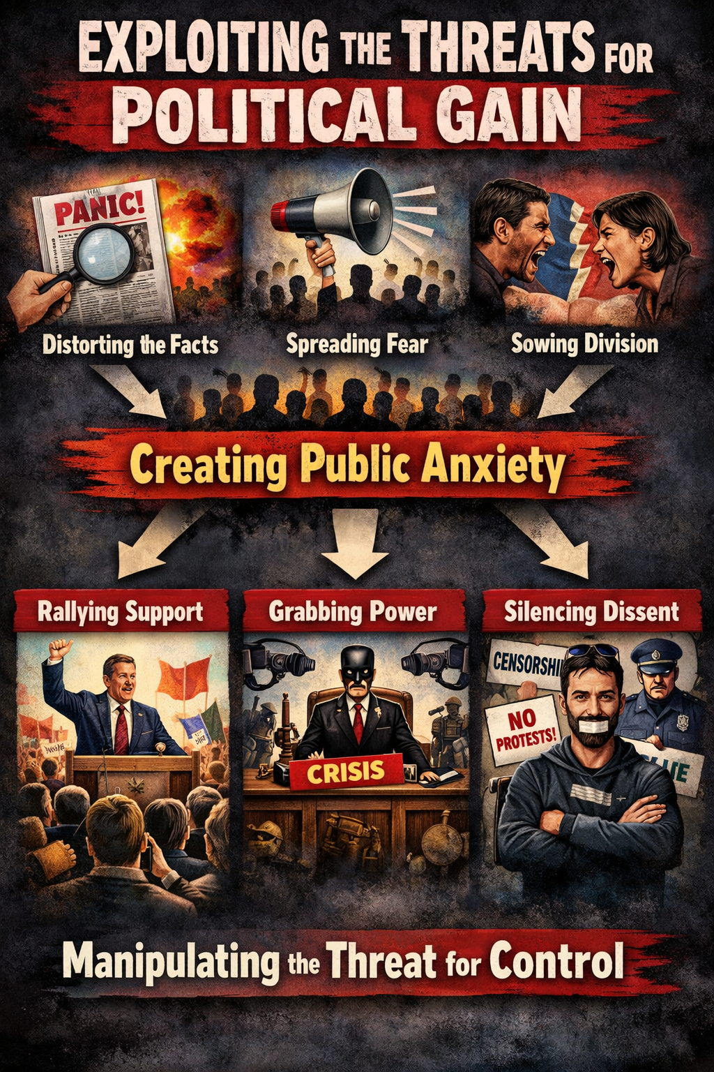 Graphic showing how manipulated threats can be exploited for political gain through fear, distortion, division, and control