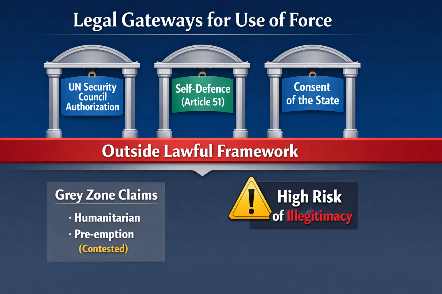 Legal Gateways for Use of Force graphic showing UN Security Council authorization, self-defence under Article 51, and consent of the state as lawful gateways, with grey zone contested claims outside the lawful framework