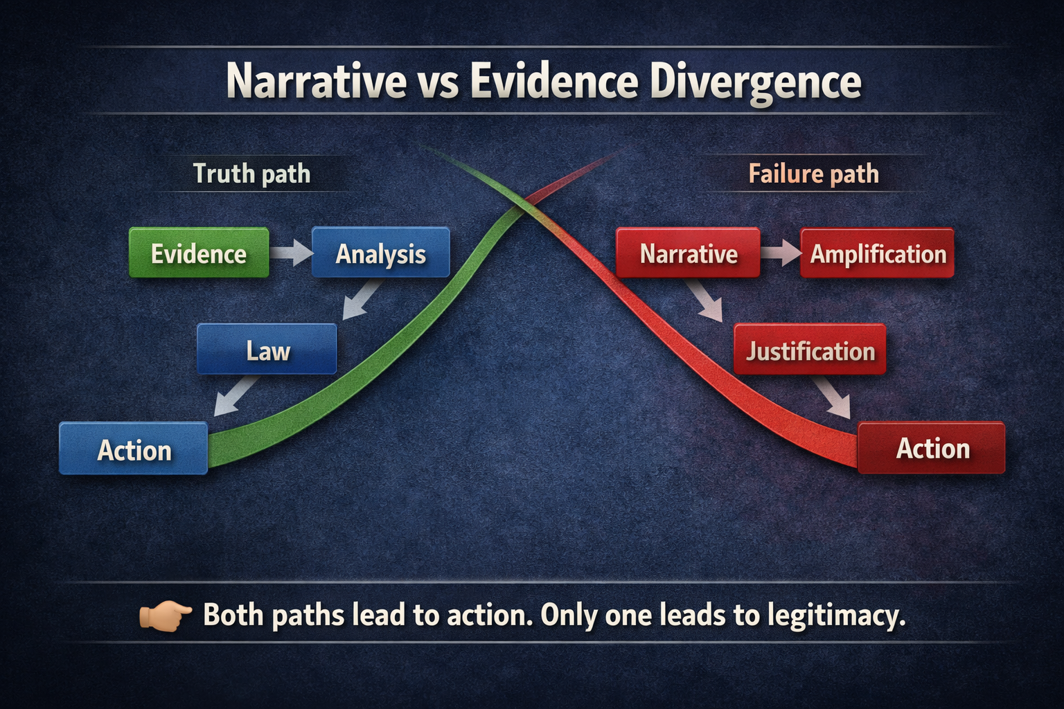 Narrative versus Evidence Divergence graphic showing a truth path and a failure path that both end in action but only one leads to legitimacy