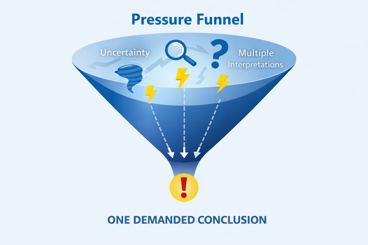 Pressure Funnel graphic showing uncertainty and multiple interpretations narrowing toward one demanded conclusion