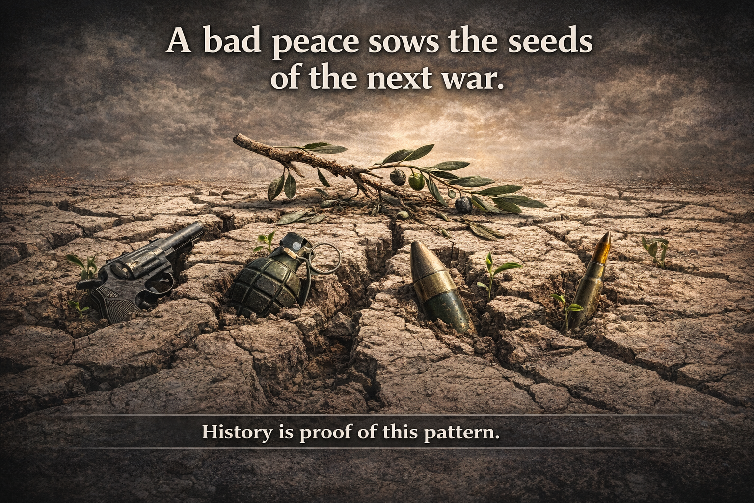 A bad peace sows the seeds of the next war graphic showing how unstable peace leaves the conditions for future conflict embedded in the ground