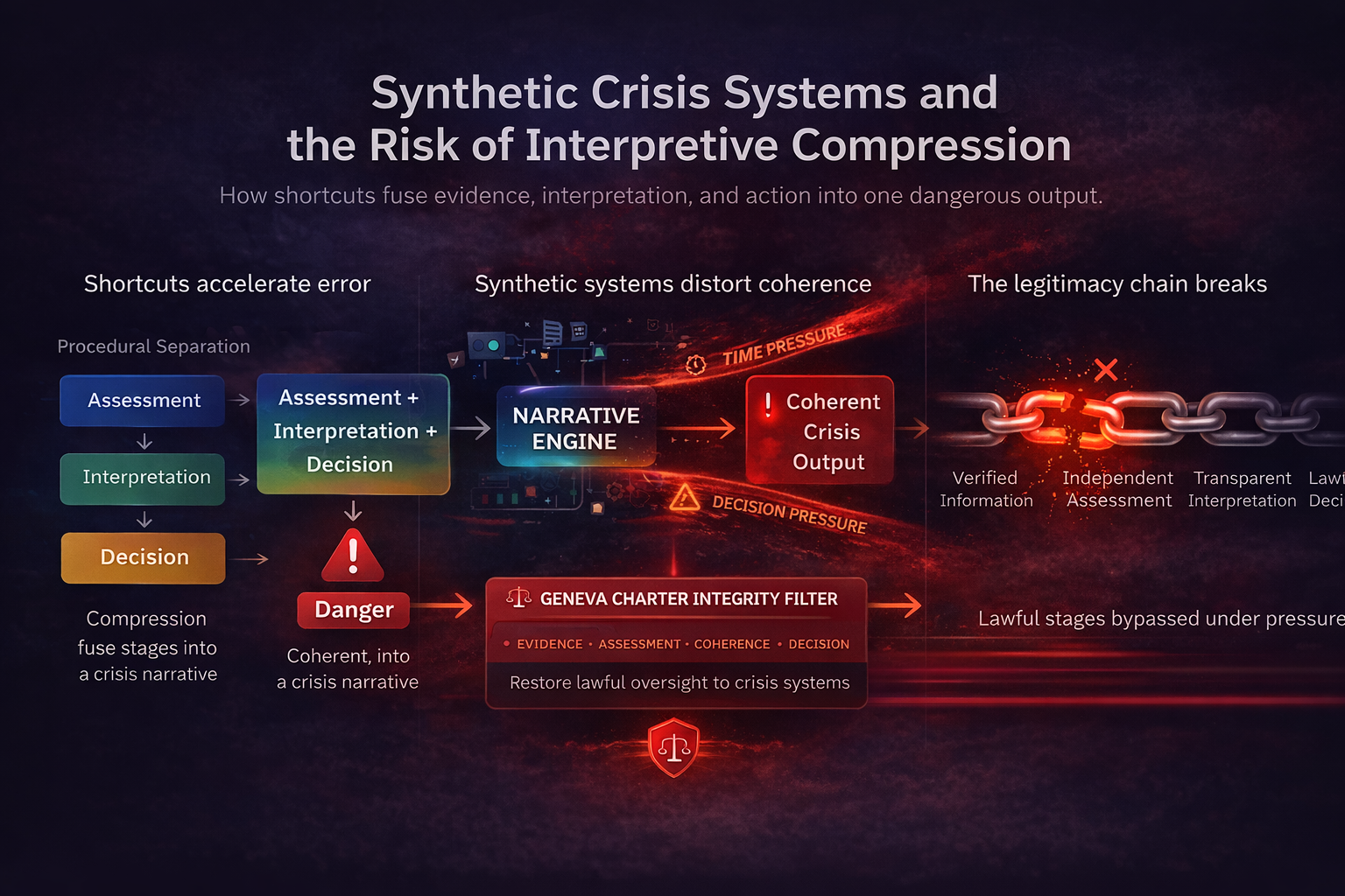 Introductory graphic showing how synthetic crisis systems compress evidence, interpretation, and action into one dangerous output, and how The Geneva Charter integrity filter restores discipline.