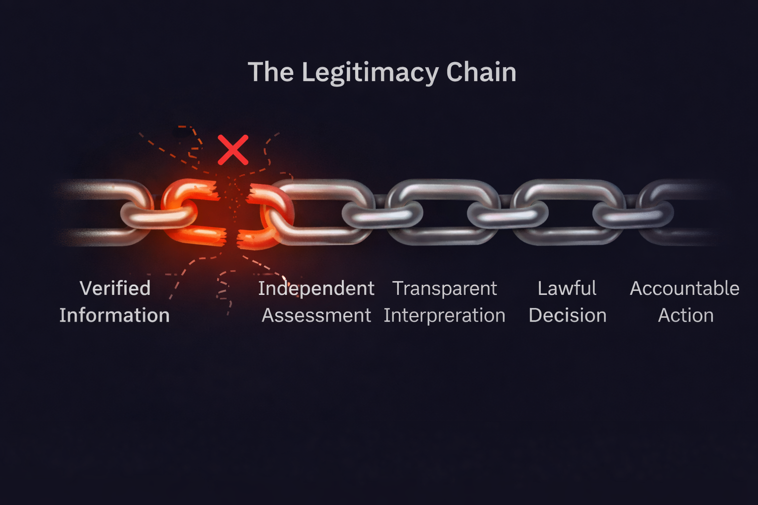 Legitimacy chain graphic showing verified information, independent assessment, transparent interpretation, lawful decision, and accountable action, with the first or second link broken.