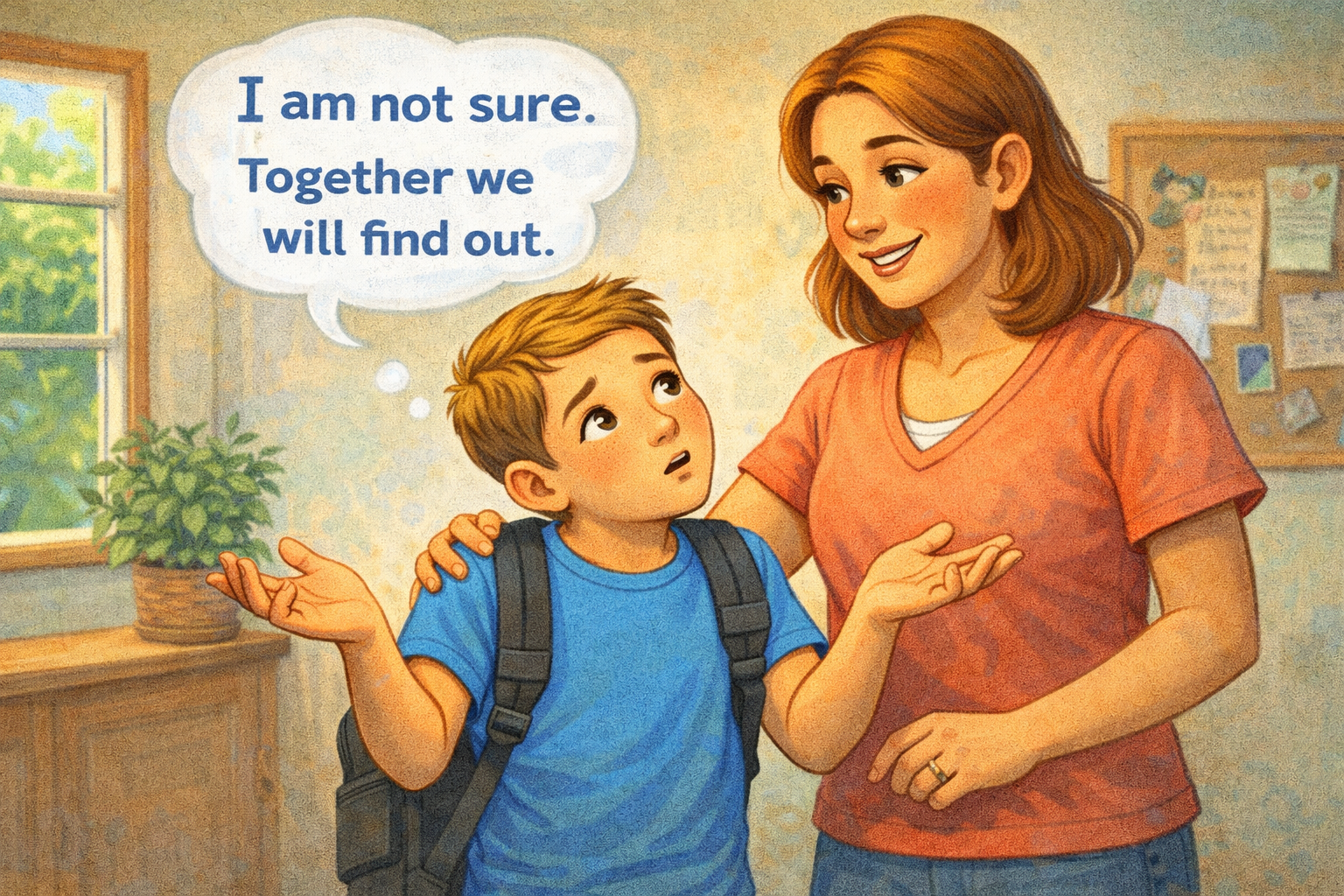 Illustration showing a child saying I am not sure and a parent warmly responding Together we will find out.