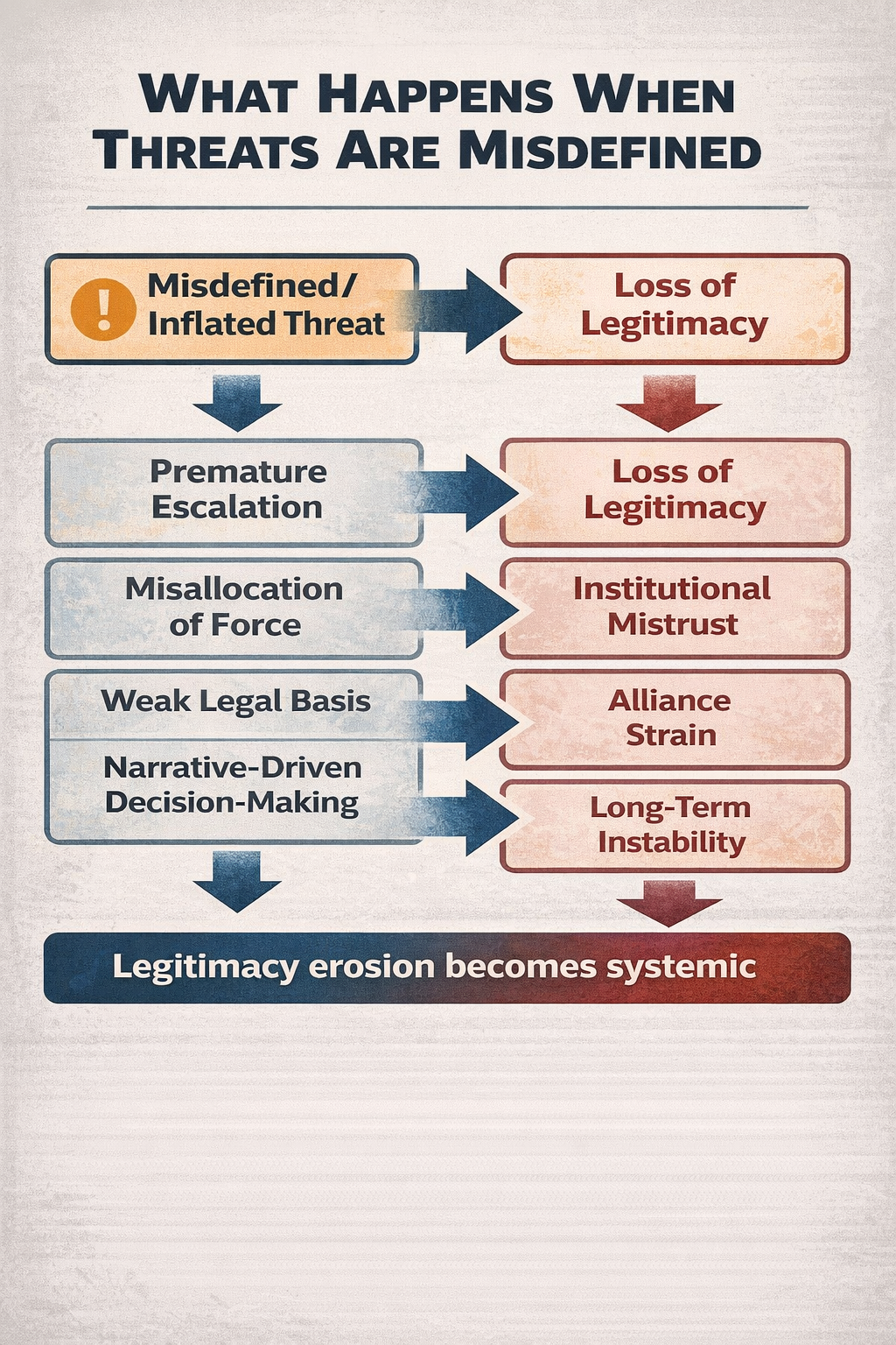 System impact graphic showing how misdefined or inflated threats trigger premature escalation, weak legal basis, institutional mistrust and long-term instability